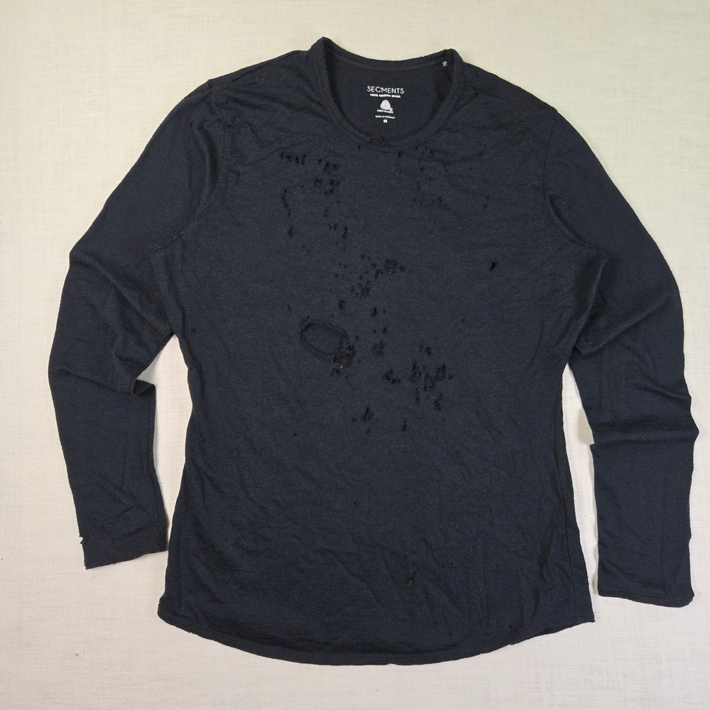 Segments THRASHED Thermal T-Shirt Merino Wool Women M Grunge Distressed Black LS